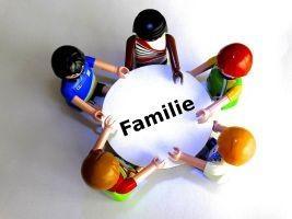Familie als Playmobil-Figuren sitzt am runden Tisch